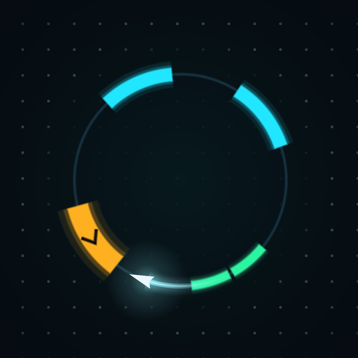 Trace in play: the playhead racing toward an amber Pivot arc on a ring with two cyan Strikes and a green Shell