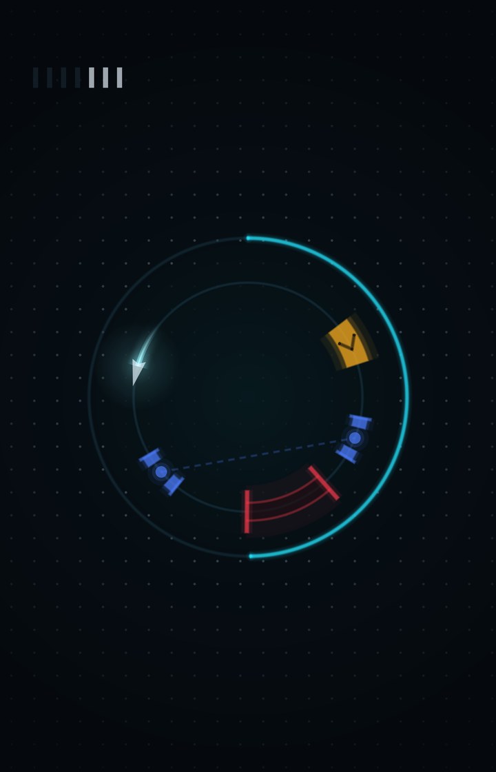 A puzzle circuit with a draining clock ring around it, a barrier and a linked pair of arcs